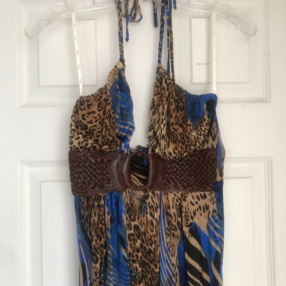 Sky Blue and Brown Animal Print Maxi Dress with Braided Belt